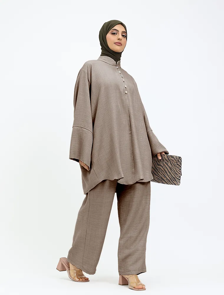 Mocha Linen Feel Button Detail Co Ord Set